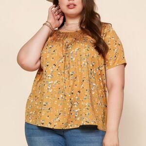 Abstract Dot Print Pleated Short Sleeve Contrast Womens Plus Size Golden Blouse